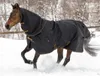 A horse wearing a black turnout blanket with gold trim runs through the snow. Voir les images du produit