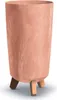 A tall, cylindrical planter with a marbled terracotta-like finish and three wooden legs. Náhled obrázku produktu