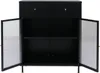 A black cabinet with two drawers on top and two doors below, which are open to reveal shelves. The cabinet has gold-colored handles and is supported by thin legs. Podgląd zdjęcia produktu