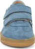 A close-up front view of a blue suede shoe with velcro straps. Produktbild-Vorschau