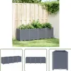 A long, grey, woven-textured planter box filled with green plants, shown in a garden setting against a wooden fence. The image is a collage including three smaller views of the planter box from different angles. Podgląd zdjęcia produktu