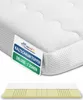 A close-up view of a white mattress topper with a label attached, and a cross-section view of the topper below. Produktbild-Vorschau