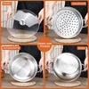 A collage of four images showing different parts of a stainless steel steamer pot. Produktbild-Vorschau