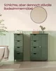 A bathroom scene with green furniture and a mirror on the wall. Produktbild-Vorschau