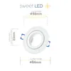 A white recessed spotlight with measurement indicators and text. Produktbild-Vorschau
