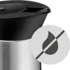 Close-up of the lid and upper body of a stainless steel thermos, with a circular graphic indicating 'no liquid' or 'spill-proof'. Voir les images du produit