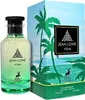 A bottle of Jean Lowe Vibe perfume and its packaging, which features a tropical beach scene with palm trees. Produktbild-Vorschau