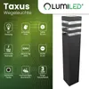 Product information and image of a black bollard light. Anteprima dell’immagine prodotto