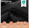 A close-up of a black fluffy blanket with icons and text indicating its features and uses. Náhled obrázku produktu