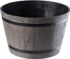 A dark gray planter pot with a wood grain texture and black bands, presented on a white background. Náhled obrázku produktu