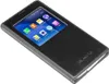 A black Samsung Galaxy S5 smartphone with a flip cover is shown at an angle on a white background. The screen displays app icons. Produktbild-Vorschau