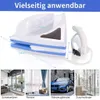 Weißer und blauer magnetischer Fensterreiniger mit Sicherungsseil, zeigt Maße und Anwendungsbeispiele an Schiebetüren, Fenstern, Fahrzeugfenstern und Duschabtrennungen Náhľad obrázku produktu