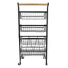 A black metal kitchen cart with three wire baskets and a wooden handle, shown against a white background. Podgląd zdjęcia produktu