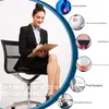 A woman in a suit sitting on a chair, writing on a clipboard, with various medical conditions illustrated around her. Produktbild-Vorschau