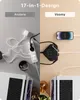 A split image showing two different ways of organizing power outlets and charging devices. The left side shows a traditional power strip with multiple cables, while the right side shows a more compact, modern charging hub. Produktbild-Vorschau