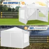 A white pop-up tent shown in two different settings, one sunny and one rainy, with text highlighting its features. Voir les images du produit