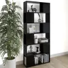 A black bookshelf filled with decorative items and books, placed next to a large potted plant. Náhled obrázku produktu