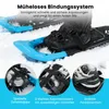 Close-up view of snowshoes being worn in the snow, with inset images highlighting binding features. Produktbild-Vorschau