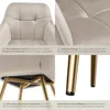 A collage of four close-up images of a beige upholstered chair, highlighting its features and construction. Produktbild-Vorschau