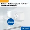 Interior view of a white refrigerator showing the temperature control dial and an energy-saving badge. Produktbild-Vorschau