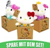 Three Hello Kitty plush toys in cardboard boxes, with promotional text at the bottom. Anteprima dell’immagine prodotto