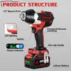 A diagram showing the structure and features of a cordless impact wrench. Voir les images du produit
