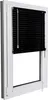 A black aluminum blind is installed in a white window frame. Produktbild-Vorschau