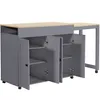 A gray kitchen island with a wooden countertop, shown with its cabinet doors open. Produktbild-Vorschau