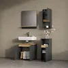 A modern bathroom vanity set with a sink, mirror, and storage cabinets against a textured wall. Produktbild-Vorschau
