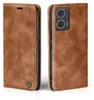 A brown leather flip case for a smartphone is shown from two angles. Produktbild-Vorschau
