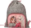 A children's drawstring backpack with a leopard print pattern and a graphic of two girls on the front pocket. Anteprima dell’immagine prodotto
