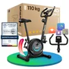 A product image of a black exercise bike with various icons and text overlays, presented on a colorful circular platform. Produktbild-Vorschau