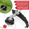 A close-up marketing image of a string trimmer head with grass in the background and feature callouts. Produktbild-Vorschau