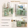 A collage showing a green sewing table in different configurations and settings: as a sewing station, a computer desk, and a storage cabinet in a kitchen. Anteprima dell’immagine prodotto