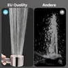 A split image comparing two shower heads, one labeled 'EU Quality' with a thumbs-up and the other labeled 'Andere' with a thumbs-down. Produktbild-Vorschau