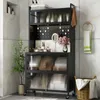 A tall, multi-tiered storage shelf unit in a bathroom or vanity area, filled with various bottles, towels, and decorative items. The shelves have clear, ribbed glass doors. Produktbild-Vorschau