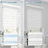 A split image showing two different ways to use the same type of roller blind. The left side shows the blind open for daylight, with a sample of a blue and white striped version of the blind at the bottom. The right side shows the blind closed for shade, w Produktbild-Vorschau