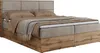 A bed with a wooden base and a fabric headboard and base, with bedding and a throw blanket. Produktbild-Vorschau