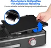 A hand is shown removing a grill plate from a Medion grill, with text highlighting the removable plates for easy cleaning. Produktbild-Vorschau