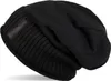 A black beanie hat is shown from a diagonal angle. Produktbild-Vorschau