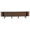 A long, dark walnut TV stand with three sliding doors and ribbed end panels, shown against a white background. Podgląd zdjęcia produktu