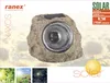 A solar-powered rock-shaped garden light is displayed against a blurred background of sunflowers. Several smaller images at the bottom show different garden scenes. Anteprima dell’immagine prodotto