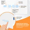 Diagram showing the controls and features of a towel heater, with a hand interacting with the touch panel. Produktbild-Vorschau