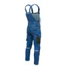 A pair of blue denim overalls shown from the back and side. Náhled obrázku produktu