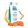 A bag of Brit Care dog food with salmon and sea buckthorn, with splashes of oil and pieces of salmon. Náhled obrázku produktu