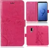 A collage of images showing a pink flip phone case with a floral and butterfly design, including views of the case open and closed, and a phone inside. Produktbild-Vorschau