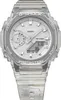 A clear, front-facing studio shot of a transparent G-Shock watch with a white face. Voir les images du produit