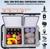 A dual-zone portable car refrigerator with its doors open, showing various food and beverage items inside, along with marketing text and icons. Podgląd zdjęcia produktu