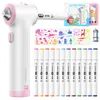 A white airbrush marker set for children, including the airbrush device, markers, and stencils, laid out on a white background. Voir les images du produit