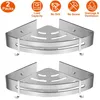 Two silver corner shower caddies are shown against a white background, with marketing icons above. Produktbild-Vorschau
